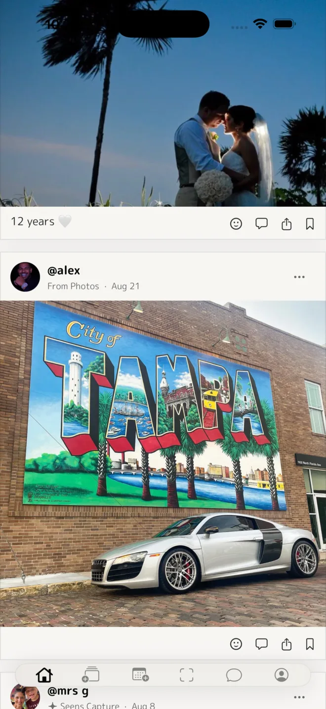 Seens feed showing friends' photos, one labeled From Photos